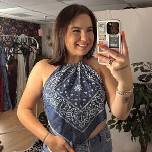 Y2k vintage Denim Halter top Blue paisley open back